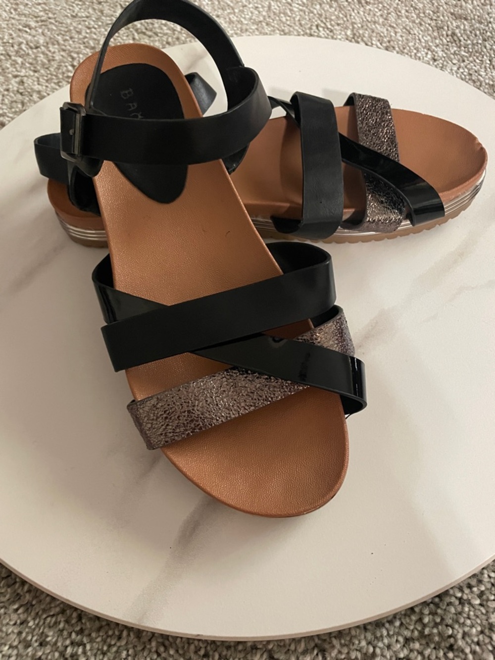 BAMBOO Black and Tan Strappy Women's Sandals with Metallic Accent